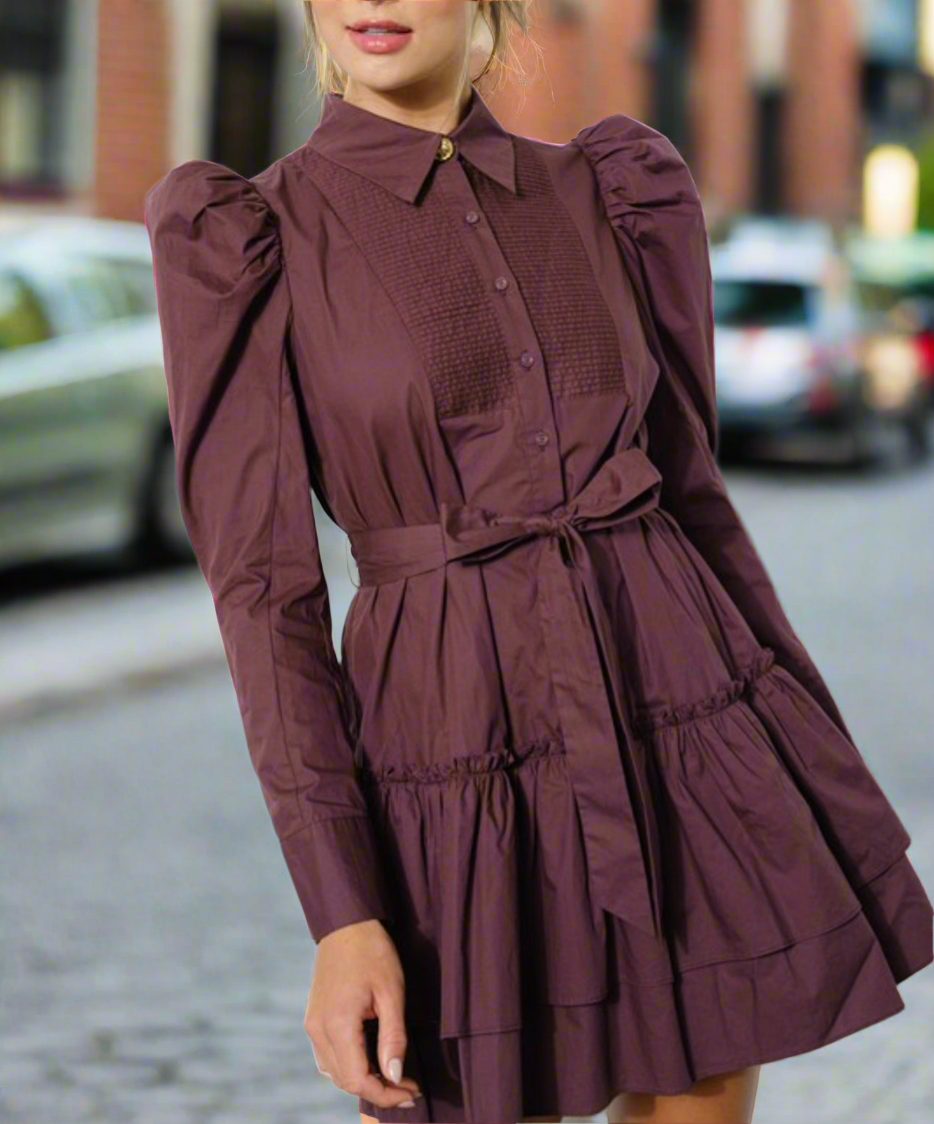 AUBERGINE RUFFLE MINI DRESS