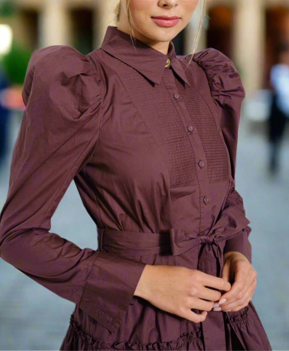 AUBERGINE RUFFLE MINI DRESS