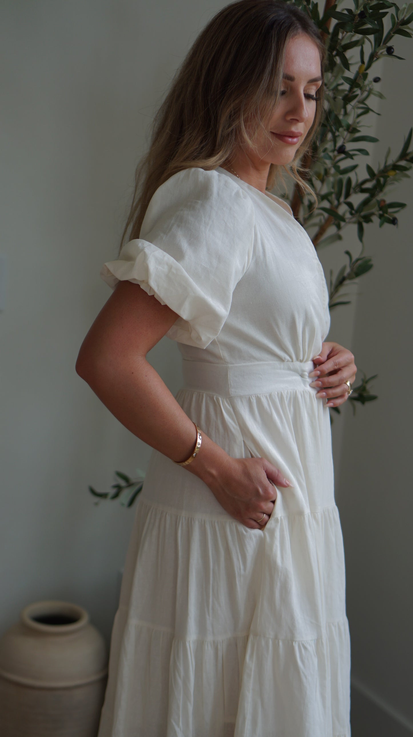 AIRY COTTON PUFF SLEEVE MIDI WRAP DRESS