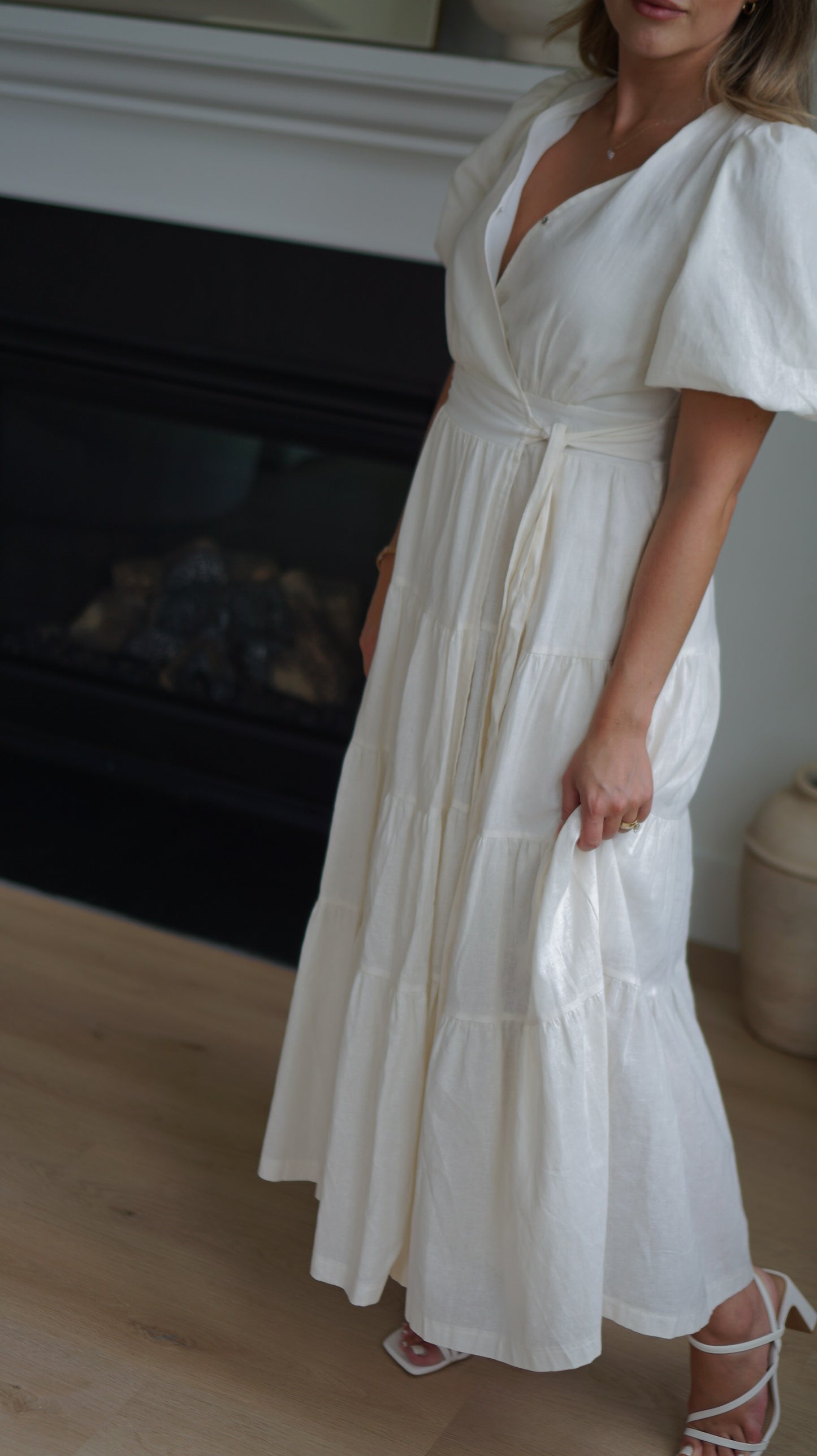 AIRY COTTON PUFF SLEEVE MIDI WRAP DRESS