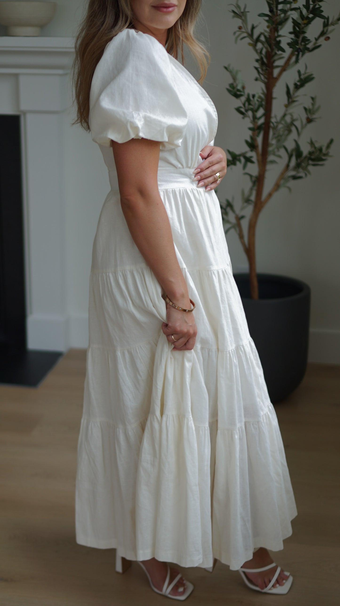 AIRY COTTON PUFF SLEEVE MIDI WRAP DRESS