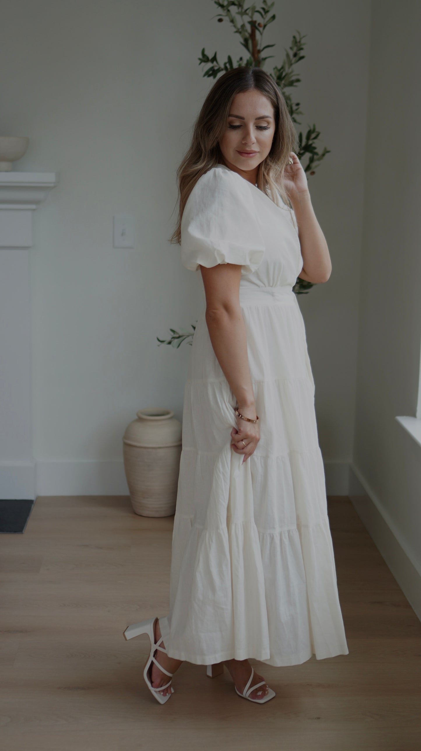 AIRY COTTON PUFF SLEEVE MIDI WRAP DRESS