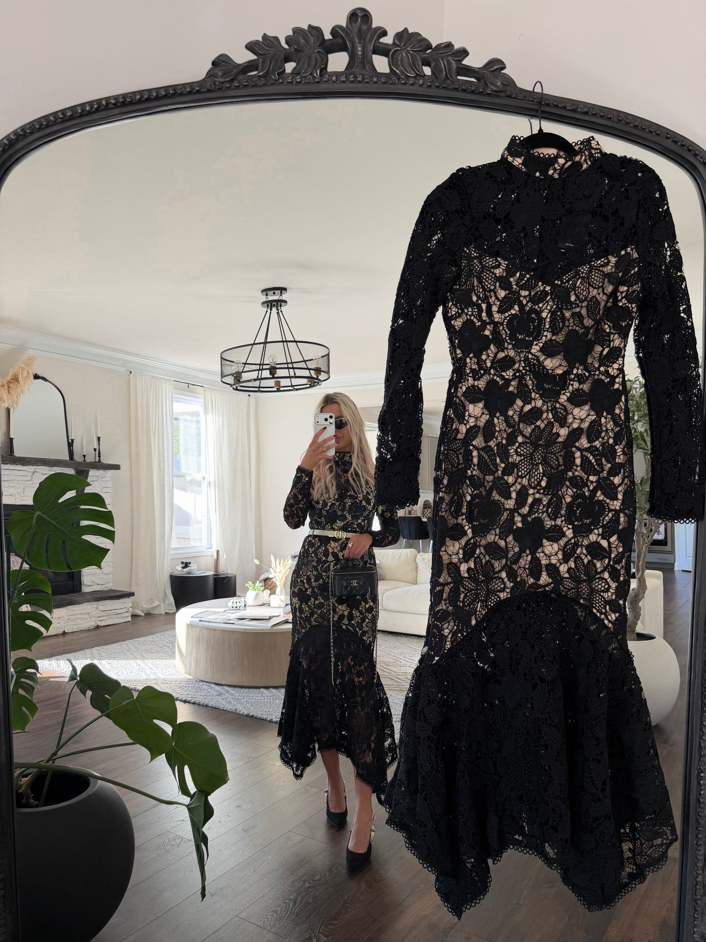 AMOUR EN BLANC BLACK LACE MIDI DRESS