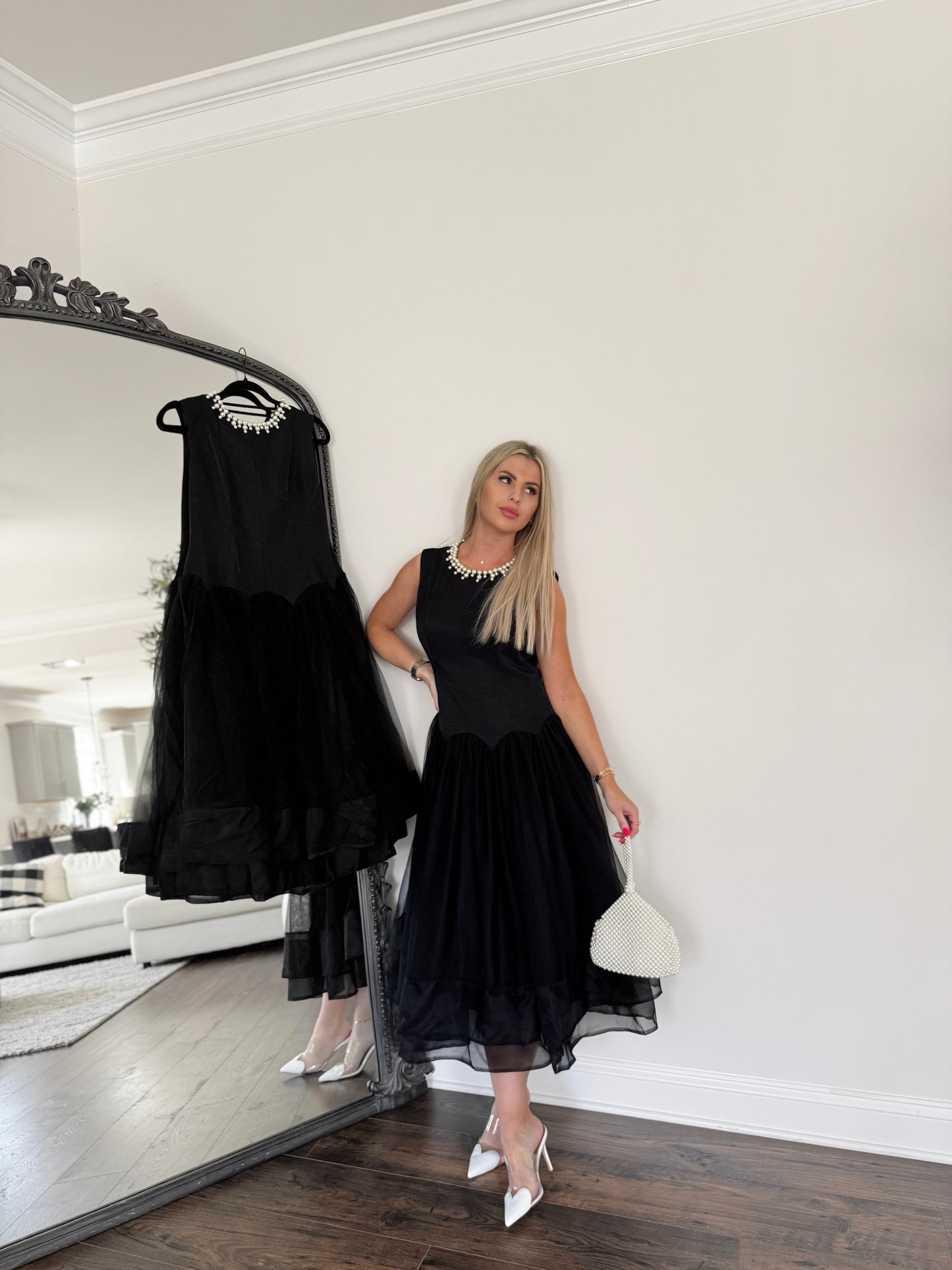 PEARL MIDNIGHT TULLE MIDI DRESS