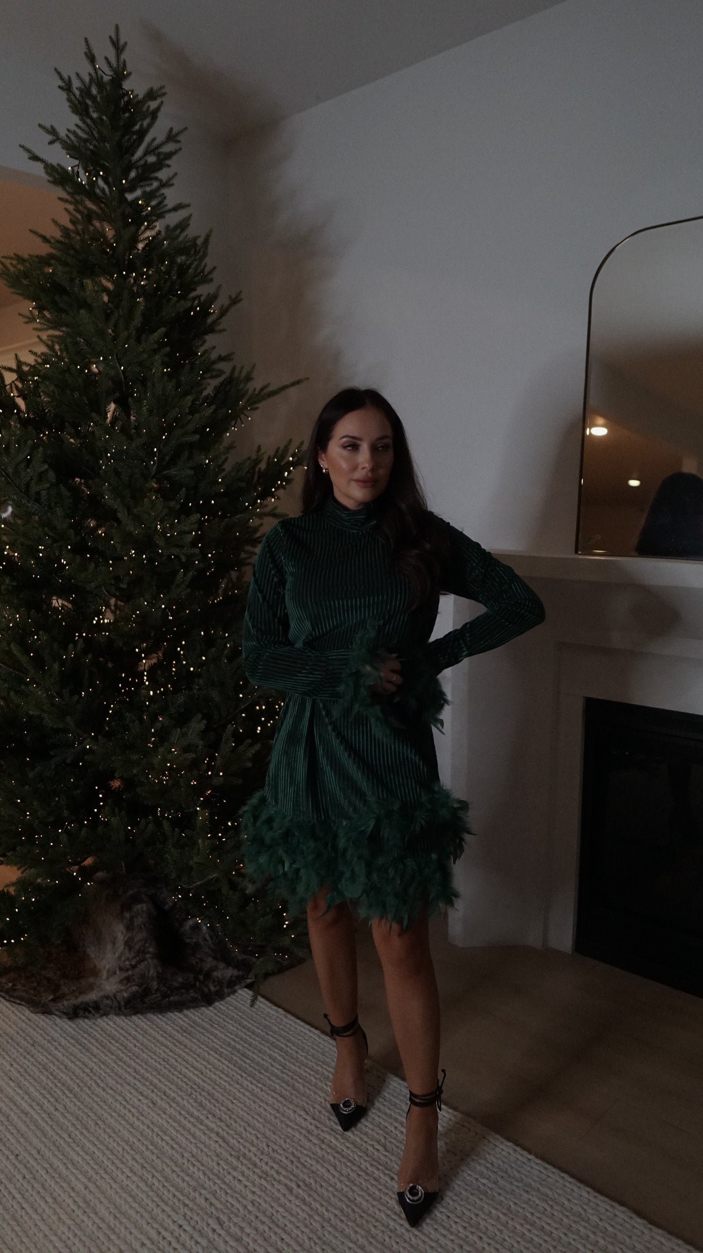 VELOUR ROYALE MINI DRESS WITH FEATHER