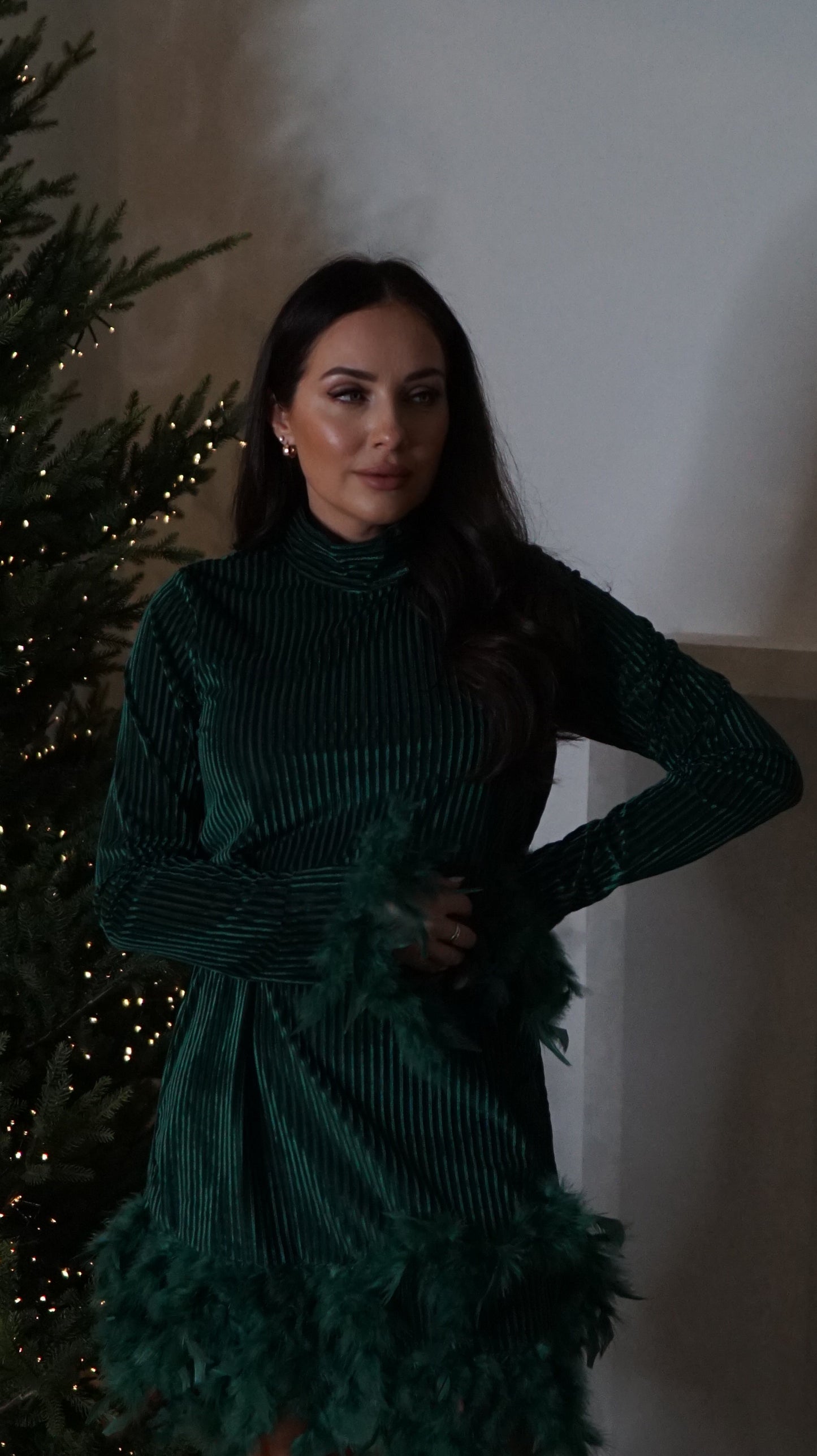 VELOUR ROYALE MINI DRESS WITH FEATHER