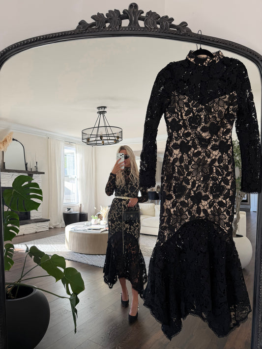 AMOUR EN BLANC  BLACK LACE MIDI DRESS