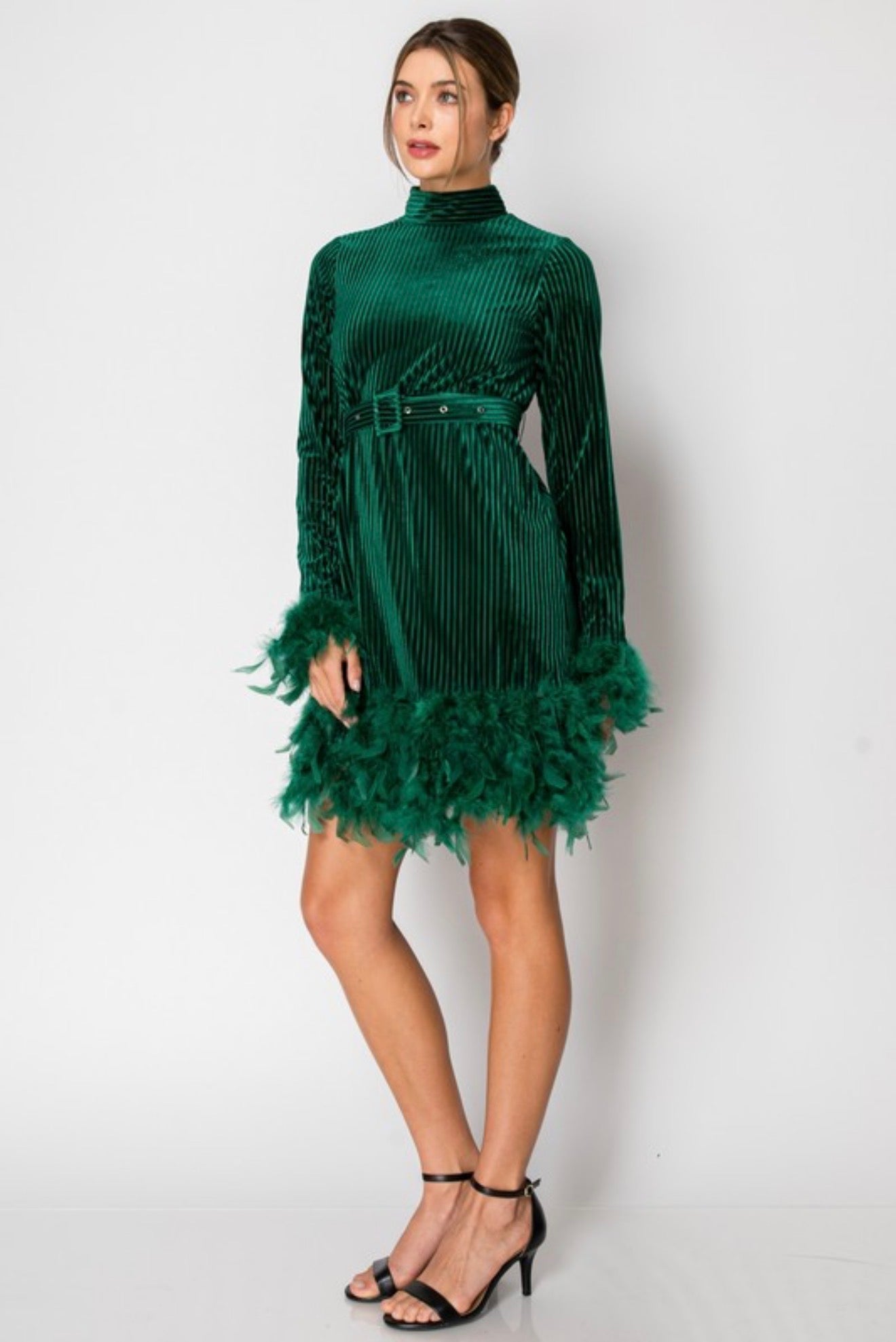 VELOUR ROYALE MINI DRESS WITH FEATHER